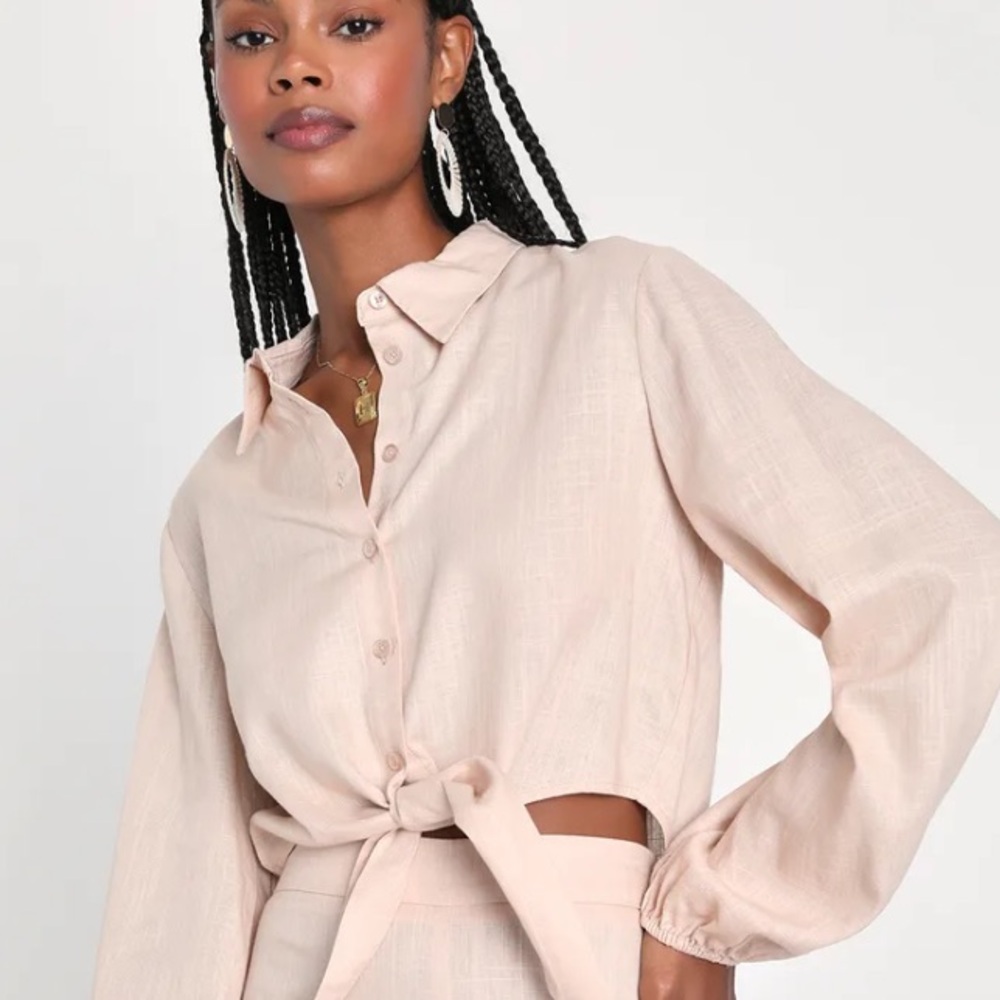 Lulus Womens Sweet Scenario Beige Linen Blend Tie-Front Button-Up Crop Top Sz XL